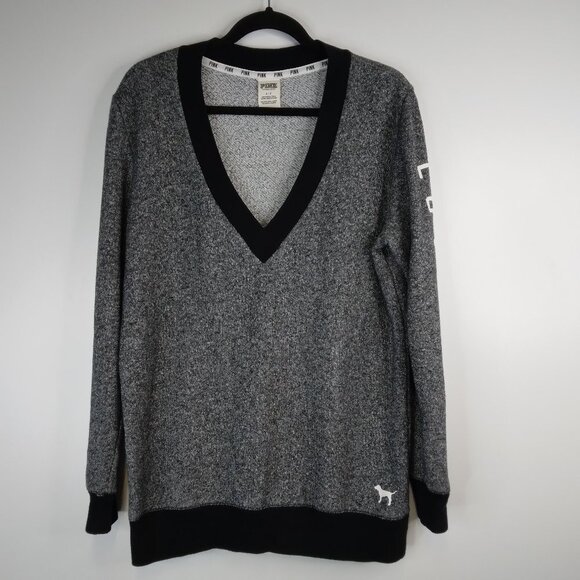 Victoria’s Secret PINK Charcoal Varsity V Neck Pullover Sweater Size S - Picture 1 of 10